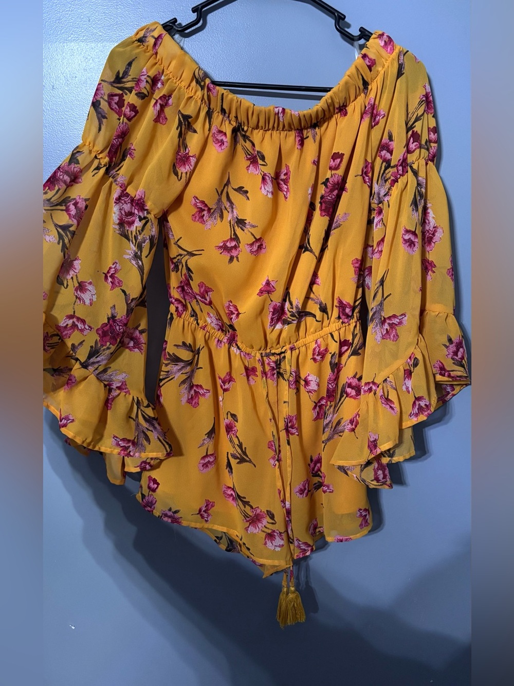 Yellow Floral Off-Shoulder Tie-Waist Women's Romper
